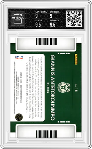Giannis Antetokounmpo from the 2021-22 Panini Contenders  set graded by Arena Club and given an overall grade of 9.5.