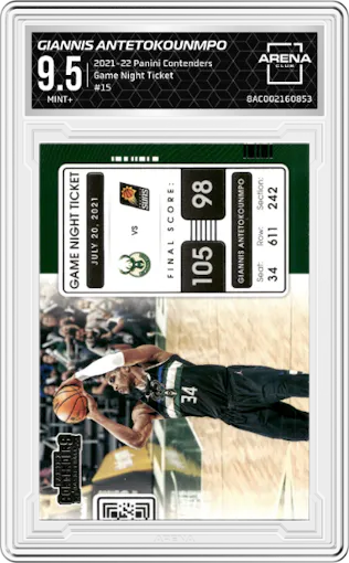 Giannis Antetokounmpo from the 2021-22 Panini Contenders  set graded by Arena Club and given an overall grade of 9.5.
