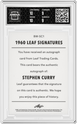 Stephen Curry from the 2021-22 Leaf Memories set graded by Arena Club and given an overall grade of 9.5.