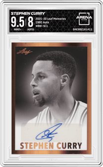 Stephen Curry from the 2021-22 Leaf Memories set graded by Arena Club and given an overall grade of 9.5.