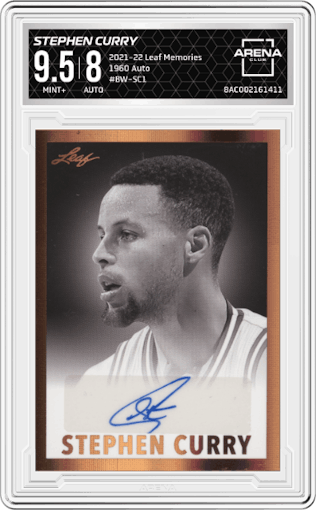 Stephen Curry from the 2021-22 Leaf Memories set graded by Arena Club and given an overall grade of 9.5.