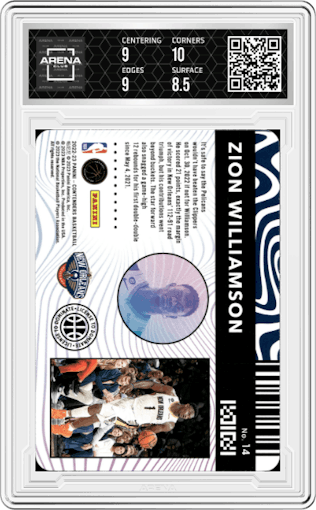 Zion Williamson from the 2022-23 Panini Contenders set graded by Arena Club and given an overall grade of 9.