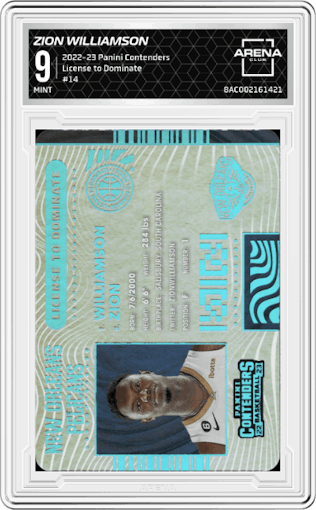 Zion Williamson from the 2022-23 Panini Contenders set graded by Arena Club and given an overall grade of 9.