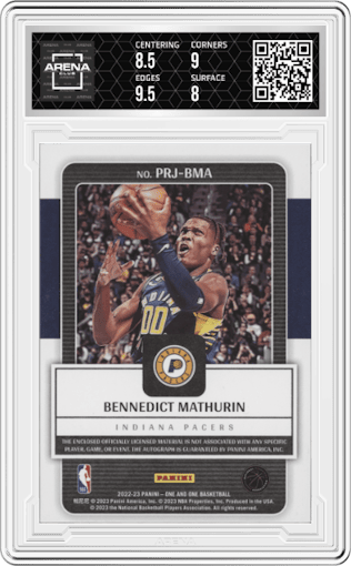 Bennedict Mathurin from the 2022-23 Panini One and One set featuring a Purple  parallel graded by Arena Club and given an overall grade of 8.5.
