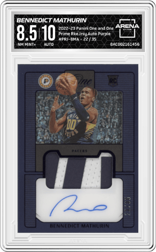 Bennedict Mathurin from the 2022-23 Panini One and One set featuring a Purple  parallel graded by Arena Club and given an overall grade of 8.5.