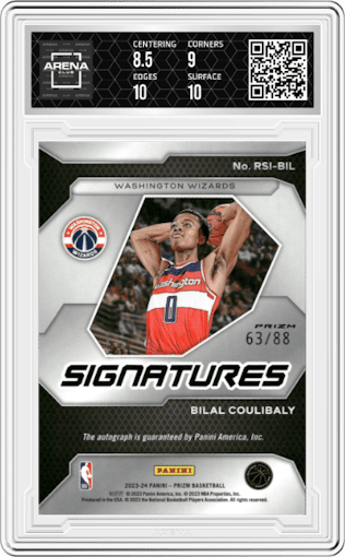 Bilal Coulibaly from the 2023-24 Panini Prizm set featuring a Choice parallel graded by Arena Club and given an overall grade of 9.