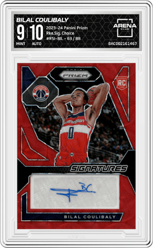 Bilal Coulibaly from the 2023-24 Panini Prizm set featuring a Choice parallel graded by Arena Club and given an overall grade of 9.