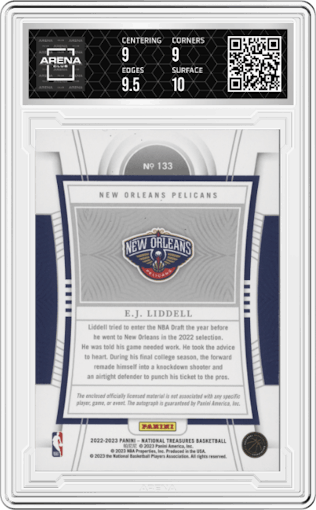 E.J. Liddell from the 2022-23 Panini National Treasures set graded by Arena Club and given an overall grade of 9.5.