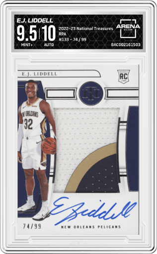 E.J. Liddell from the 2022-23 Panini National Treasures set graded by Arena Club and given an overall grade of 9.5.