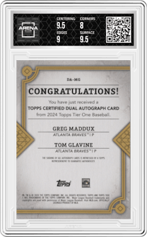 Greg Maddux/Tom Glavine from the 2024 Topps Tier One  set graded by Arena Club and given an overall grade of 8.5.