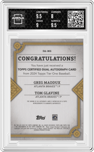 Greg Maddux/Tom Glavine from the 2024 Topps Tier One  set graded by Arena Club and given an overall grade of 8.5.