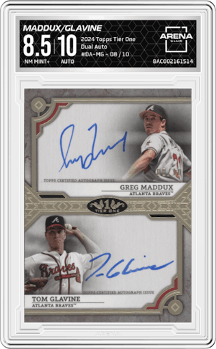 Greg Maddux/Tom Glavine from the 2024 Topps Tier One  set graded by Arena Club and given an overall grade of 8.5.