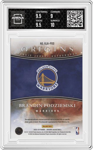 Brandin Podziemski from the 2023-24 Panini Origins set graded by Arena Club and given an overall grade of 9.5.