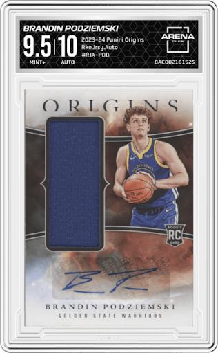 Brandin Podziemski from the 2023-24 Panini Origins set graded by Arena Club and given an overall grade of 9.5.
