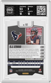 C.J. Stroud from the 2023 Panini Absolute set featuring a Orange Spectrum parallel graded by Arena Club and given an overall grade of 9.5.