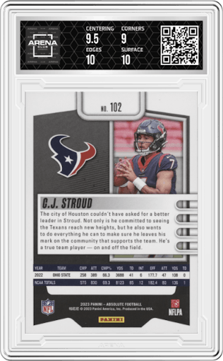 C.J. Stroud from the 2023 Panini Absolute set featuring a Orange Spectrum parallel graded by Arena Club and given an overall grade of 9.5.