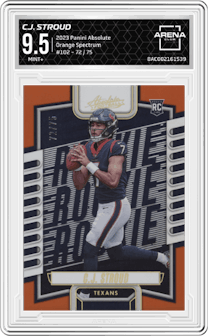 C.J. Stroud from the 2023 Panini Absolute set featuring a Orange Spectrum parallel graded by Arena Club and given an overall grade of 9.5.