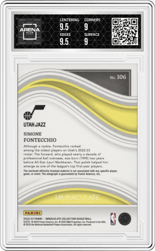 Simone Fontecchio from the 2022-23 Panini Immaculate Collection set featuring a Red parallel graded by Arena Club and given an overall grade of 9.5.