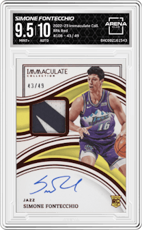 Simone Fontecchio from the 2022-23 Panini Immaculate Collection set featuring a Red parallel graded by Arena Club and given an overall grade of 9.5.