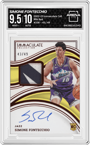 Simone Fontecchio from the 2022-23 Panini Immaculate Collection set featuring a Red parallel graded by Arena Club and given an overall grade of 9.5.