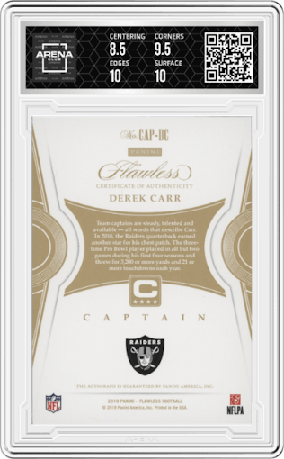 Derek Carr from the 2018 Panini Flawless set featuring a Platinum parallel graded by Arena Club and given an overall grade of 9.