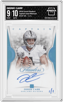 Derek Carr from the 2018 Panini Flawless set featuring a Platinum parallel graded by Arena Club and given an overall grade of 9.