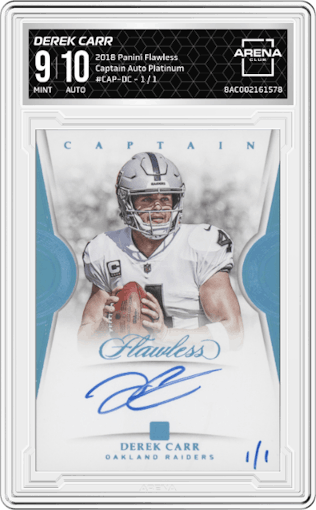 Derek Carr from the 2018 Panini Flawless set featuring a Platinum parallel graded by Arena Club and given an overall grade of 9.