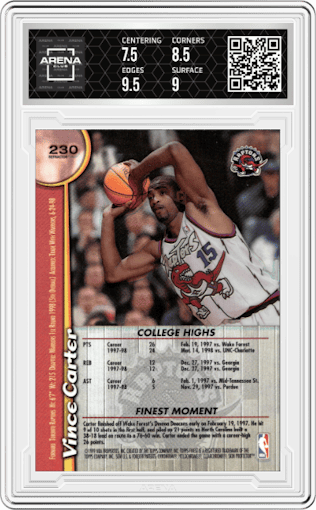 Vince Carter from the 1998-99 Topps Finest set featuring a Refractor parallel graded by Arena Club and given an overall grade of 8.