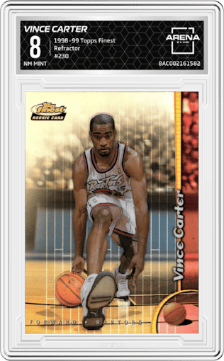 Vince Carter from the 1998-99 Topps Finest set featuring a Refractor parallel graded by Arena Club and given an overall grade of 8.