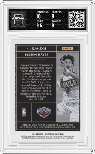 Jaxson Hayes from the 2019-20 Panini One and One set featuring a Blue parallel graded by Arena Club and given an overall grade of 9.5.