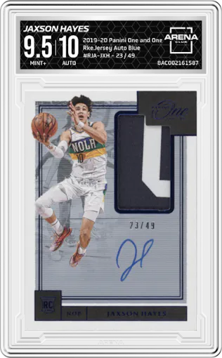 Jaxson Hayes from the 2019-20 Panini One and One set featuring a Blue parallel graded by Arena Club and given an overall grade of 9.5.