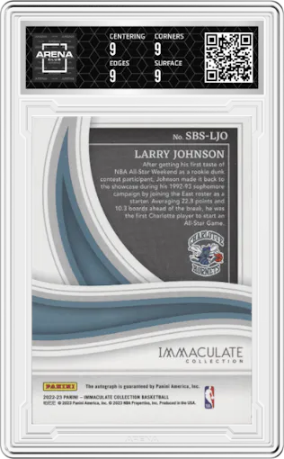 Larry Johnson from the 2022-23 Panini Immaculate Collection set graded by Arena Club and given an overall grade of 9.