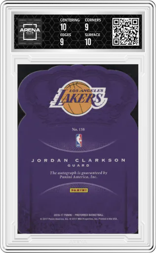 Jordan Clarkson from the 2016-17 Panini Preferred set featuring a Purple parallel graded by Arena Club and given an overall grade of 9.5.