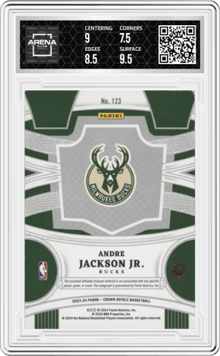 Andre Jackson Jr. from the 2023-24 Panini Crown Royale  set featuring a FOTL parallel graded by Arena Club and given an overall grade of 8.