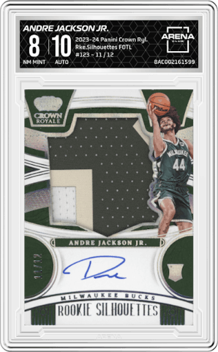Andre Jackson Jr. from the 2023-24 Panini Crown Royale  set featuring a FOTL parallel graded by Arena Club and given an overall grade of 8.