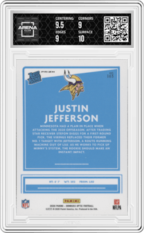 Justin Jefferson from the 2020 Panini Donruss Optic set featuring a Holo parallel graded by Arena Club and given an overall grade of 9.5.