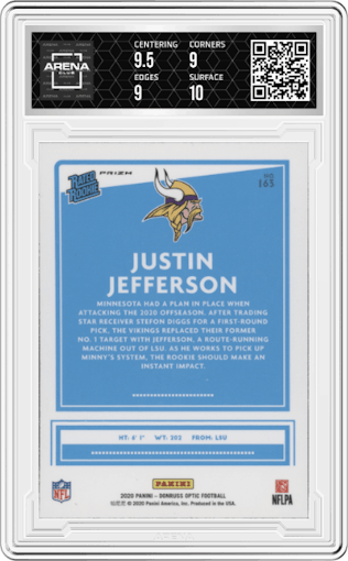 Justin Jefferson from the 2020 Panini Donruss Optic set featuring a Holo parallel graded by Arena Club and given an overall grade of 9.5.