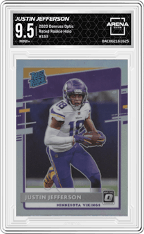 Justin Jefferson from the 2020 Panini Donruss Optic set featuring a Holo parallel graded by Arena Club and given an overall grade of 9.5.