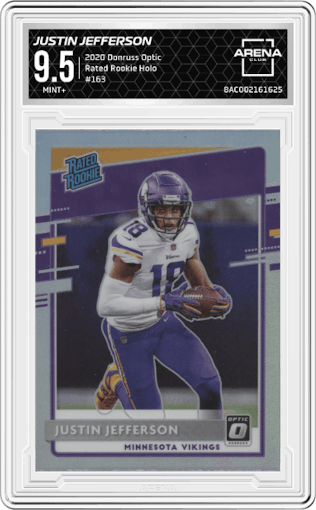 Justin Jefferson from the 2020 Panini Donruss Optic set featuring a Holo parallel graded by Arena Club and given an overall grade of 9.5.