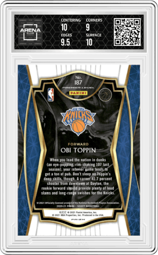 Obi Toppin from the 2020-21 Panini Select  set featuring a Zebra parallel graded by Arena Club and given an overall grade of 9.5.