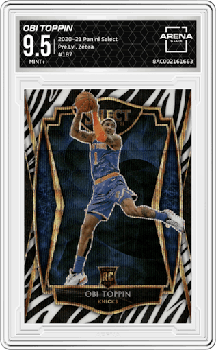Obi Toppin from the 2020-21 Panini Select  set featuring a Zebra parallel graded by Arena Club and given an overall grade of 9.5.