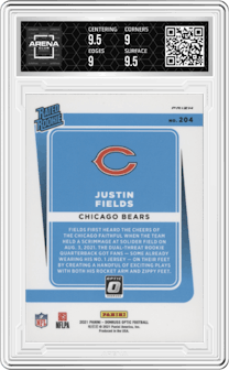 Justin Fields from the 2021 Panini Donruss Optic set featuring a Holo parallel graded by Arena Club and given an overall grade of 9.5.