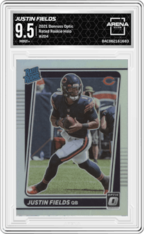 Justin Fields from the 2021 Panini Donruss Optic set featuring a Holo parallel graded by Arena Club and given an overall grade of 9.5.