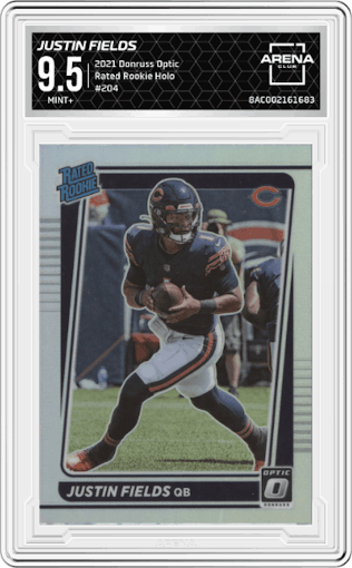 Justin Fields from the 2021 Panini Donruss Optic set featuring a Holo parallel graded by Arena Club and given an overall grade of 9.5.