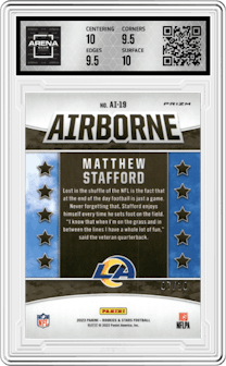 Matthew Stafford from the 2023 Panini Rookies & Stars set featuring a Gold parallel graded by Arena Club and given an overall grade of 10.