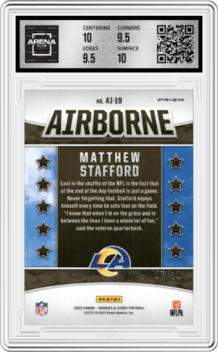 Matthew Stafford from the 2023 Panini Rookies & Stars set featuring a Gold parallel graded by Arena Club and given an overall grade of 10.