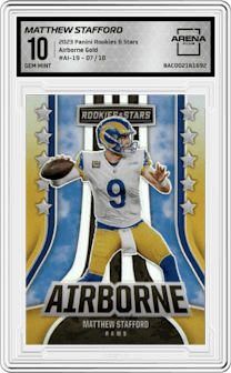 Matthew Stafford from the 2023 Panini Rookies & Stars set featuring a Gold parallel graded by Arena Club and given an overall grade of 10.