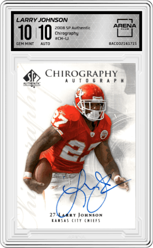 Larry Johnson from the 2008 SP Authentic set graded by Arena Club and given an overall grade of 10.