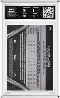 Colton Cowser from the  2024 Topps Chrome Black set featuring a Blue Refractor parallel graded by Arena Club and given an overall grade of 9.5.