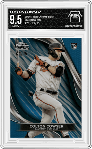 Colton Cowser from the  2024 Topps Chrome Black set featuring a Blue Refractor parallel graded by Arena Club and given an overall grade of 9.5.